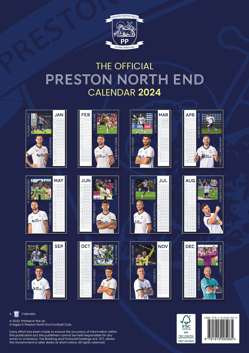 Preston North End FC Official 2024 A3 Lilywhites Football Wall Calenda