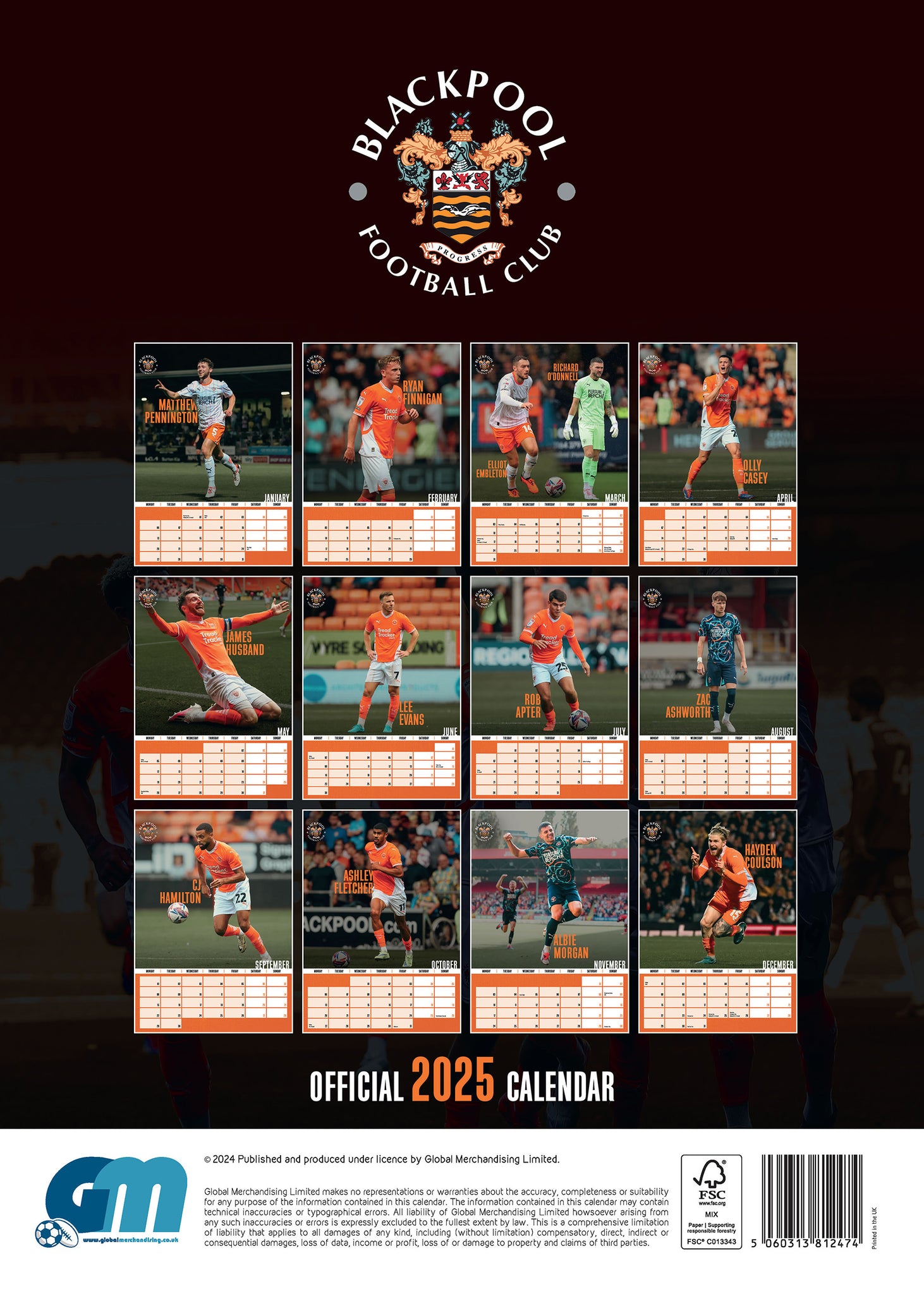 Blackpool FC Official 2025 A3 Football Wall Calendar Global Merchandising